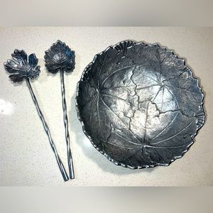 Martha Stewart Collection Park Leaves Salad Bowl + Servers Tongs Silver leaf